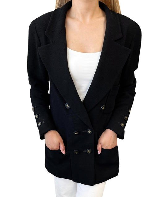CHANEL Vintage 94A CC Logo Button Blazer Jacket #38 Black Gold Wool 902231