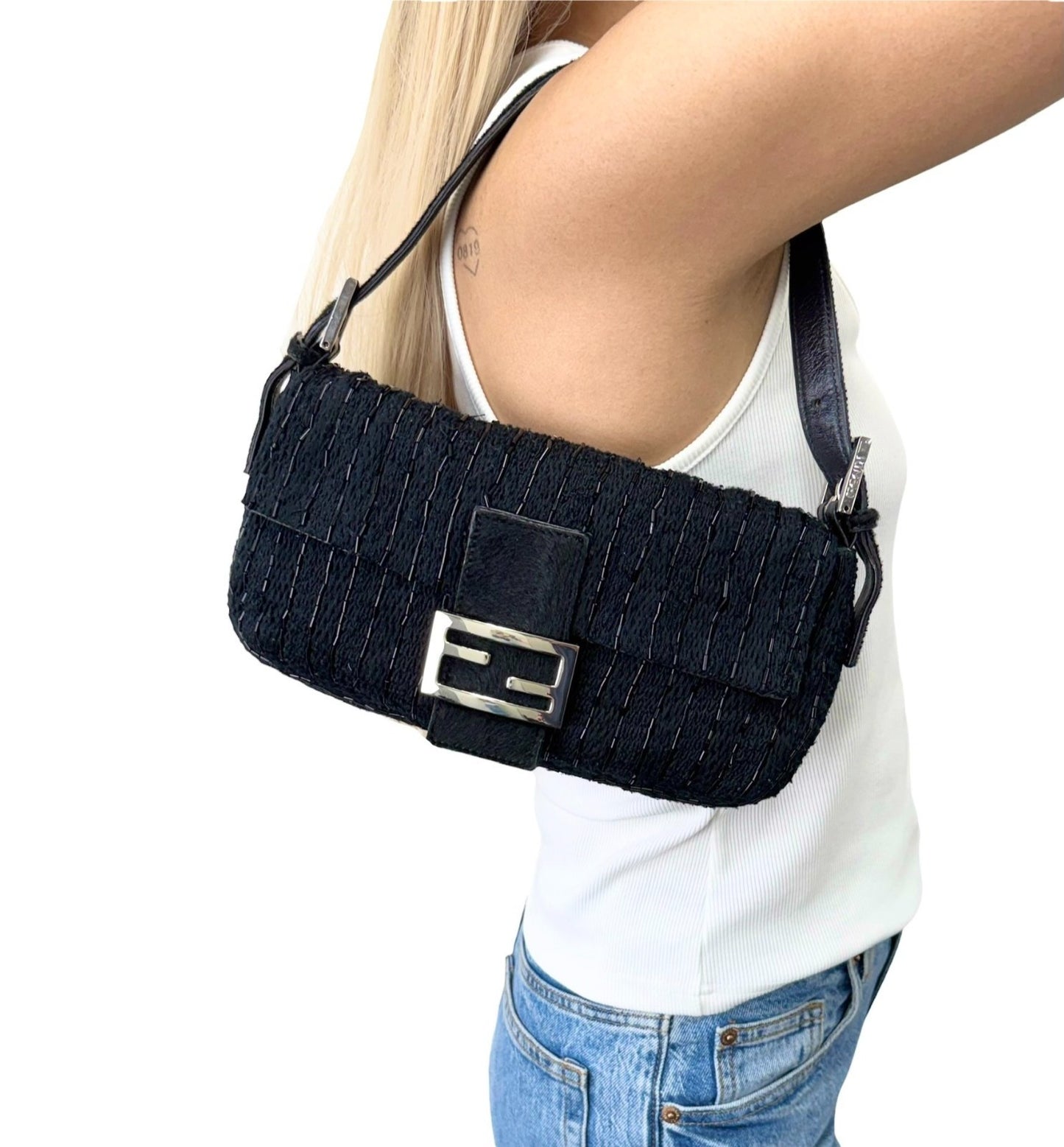 FENDI Vintage FF Logo Beads Knit Mamma Baguette Shoulder Bag Black 901891