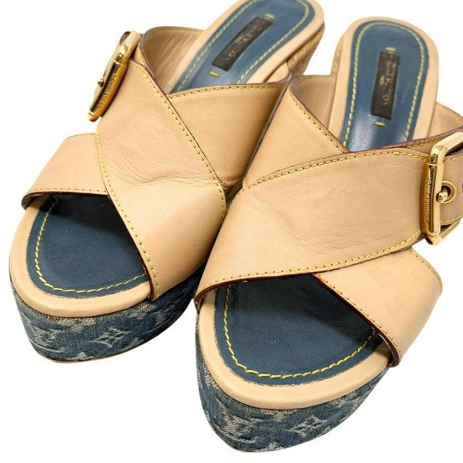 LOUIS VUITTON Vintage LV Logo Monogram Sandals #36-36.5 Beige Blue Leather Belt