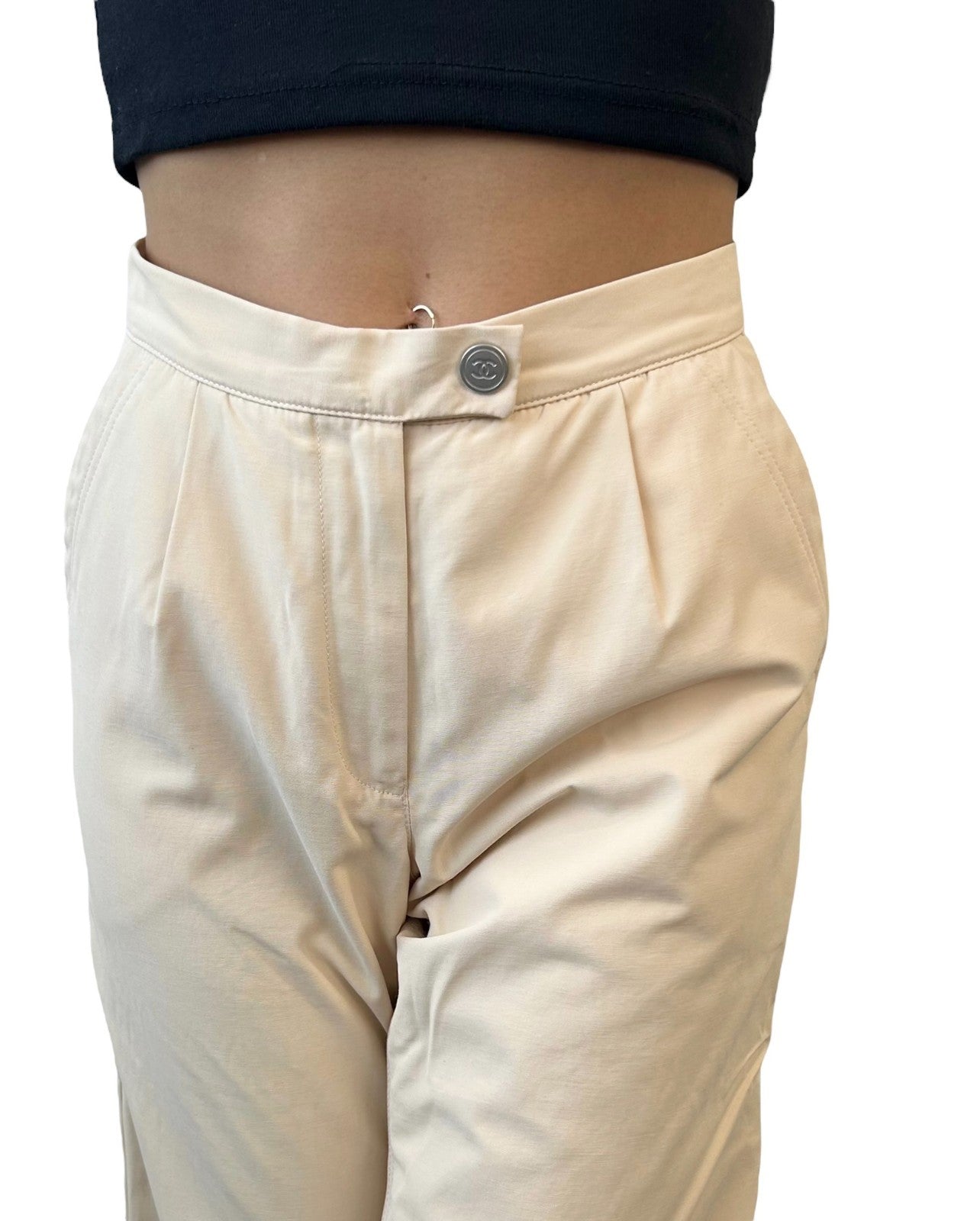 CHANEL Sport Vintage 01A CC Logo Jogger Pants #38 Ribbed Hem Light Beige Silver