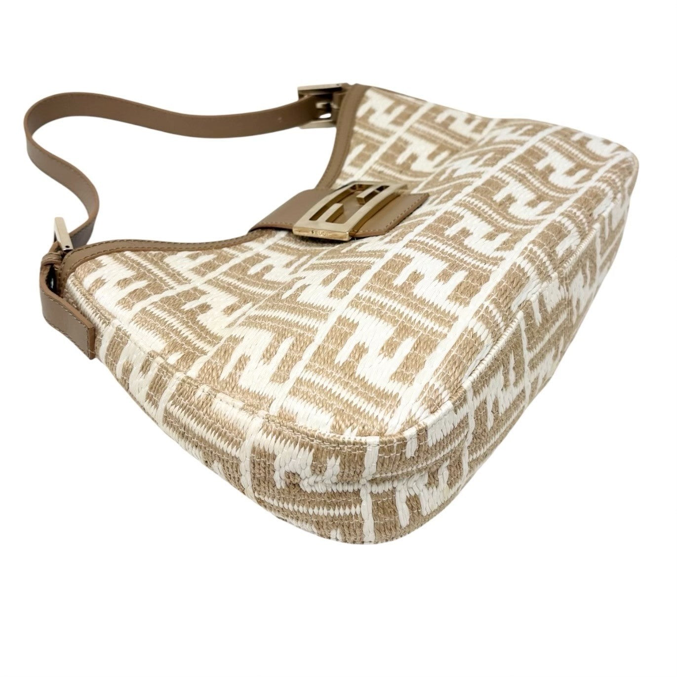 FENDI Vintage FF Logo Zucca Raffia Hobo Shoulder Bag Brown White Leather