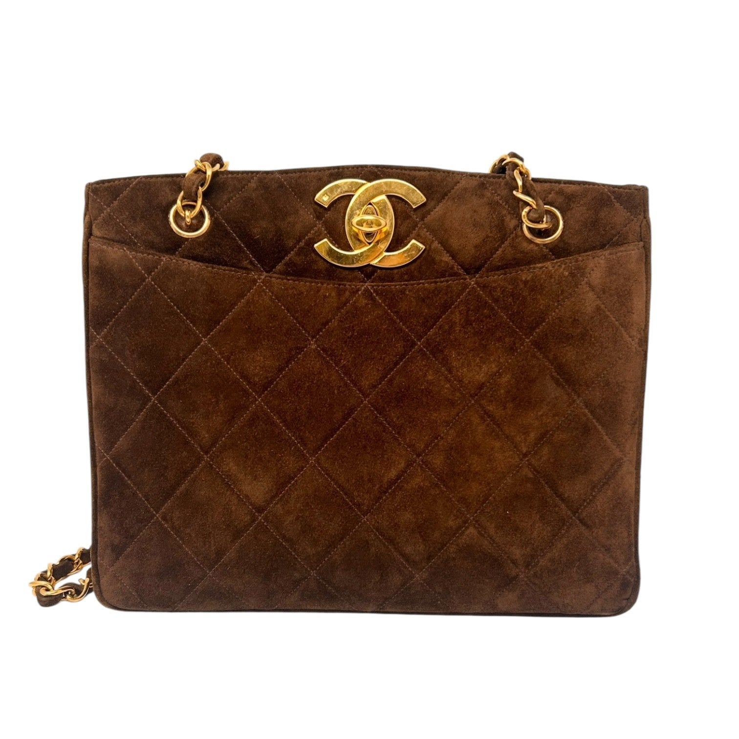 CHANEL Vintage CC Logo Matelasse Chain Shoulder Bag Turnlock Brown Gold Suede