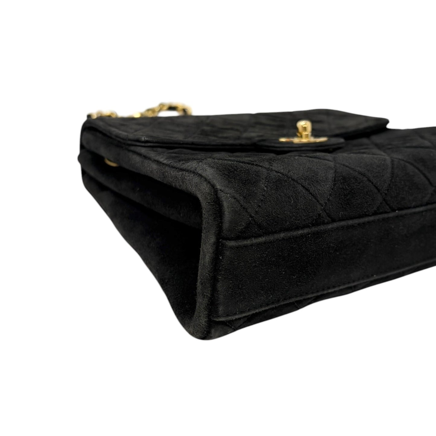 CHANEL Vintage CC Quilted Chain Crossbody Shoulder Bag Black Gold Suede 902220
