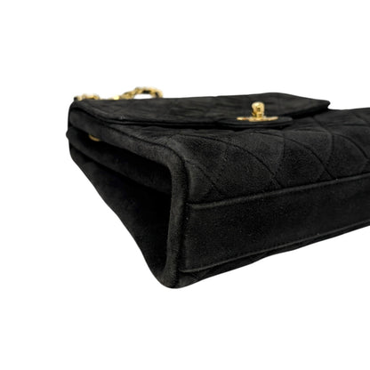 CHANEL Vintage CC Quilted Chain Crossbody Shoulder Bag Black Gold Suede 902220