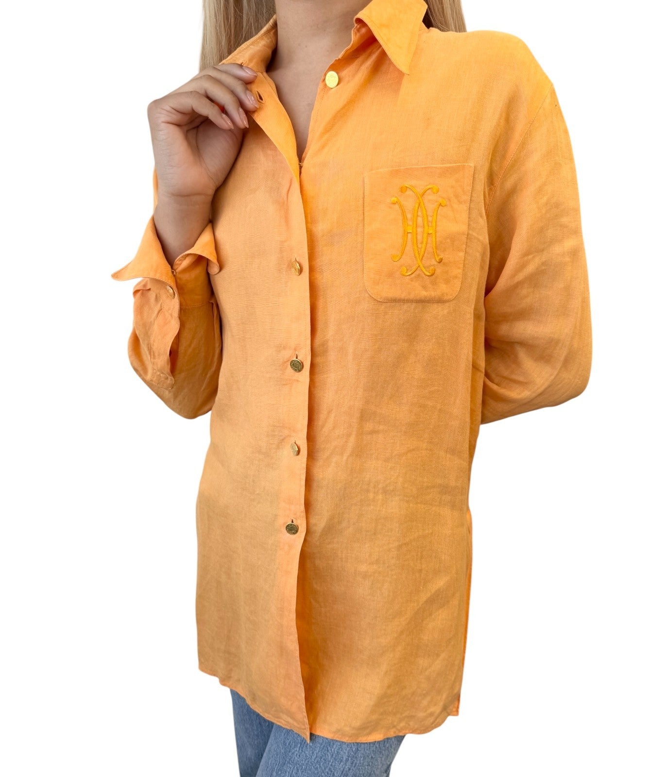 HERMES Vintage Logo Clou de Selle Button Up Shirt Top #36 Orange Gold Linen