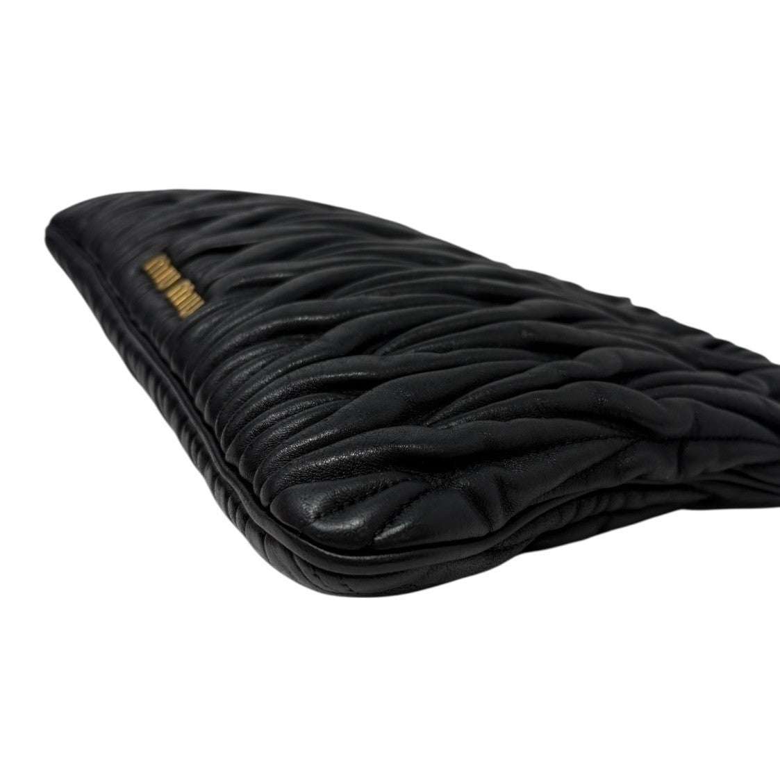 Miu Miu Vintage Logo Gather Clutch Bag Handbag Matelasse Gold Black Leather