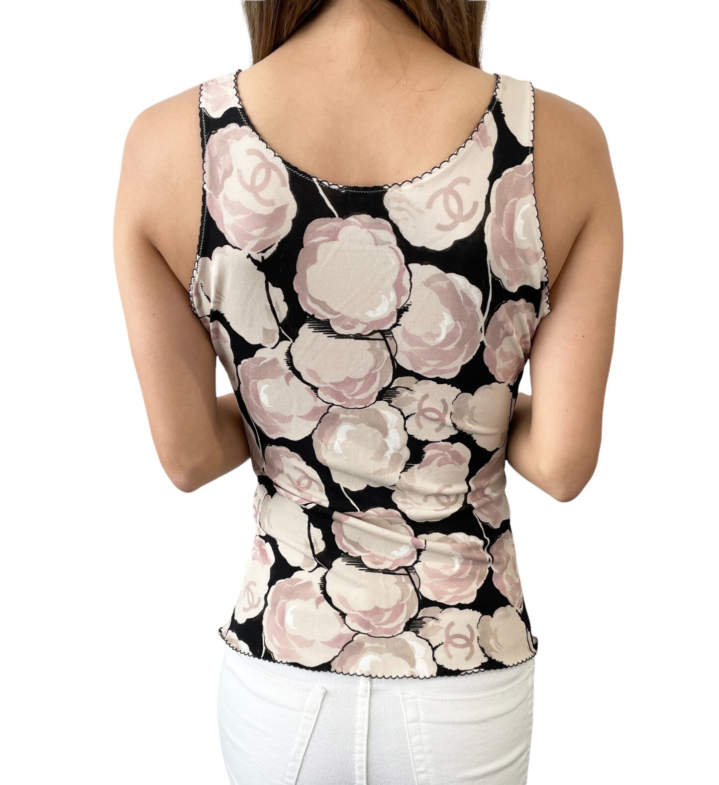 CHANEL Vintage 04A CC Camellia Logo Tank Top #38 Black Beige Pink Rayon
