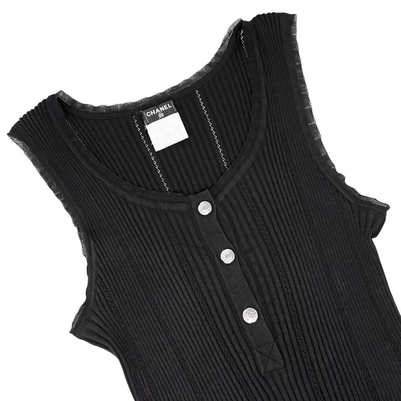 CHANEL Vintage 08P CC Logo Button Ribbed Knit Tank Top #42 Black Silver Cotton