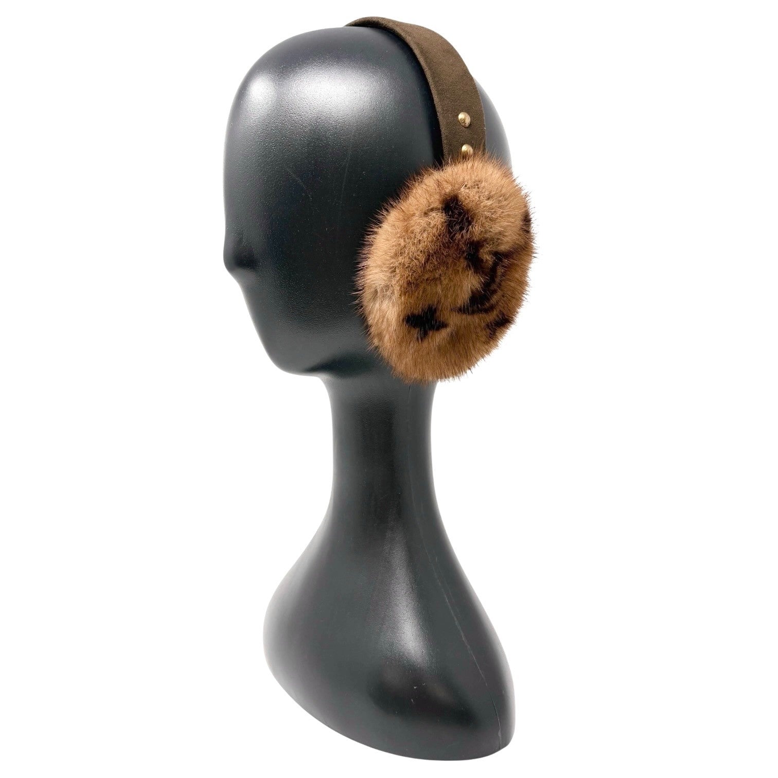 LOUIS VUITTON Vintage LV Monogram Mink Earmuffs Brown Gold Suede Accessory