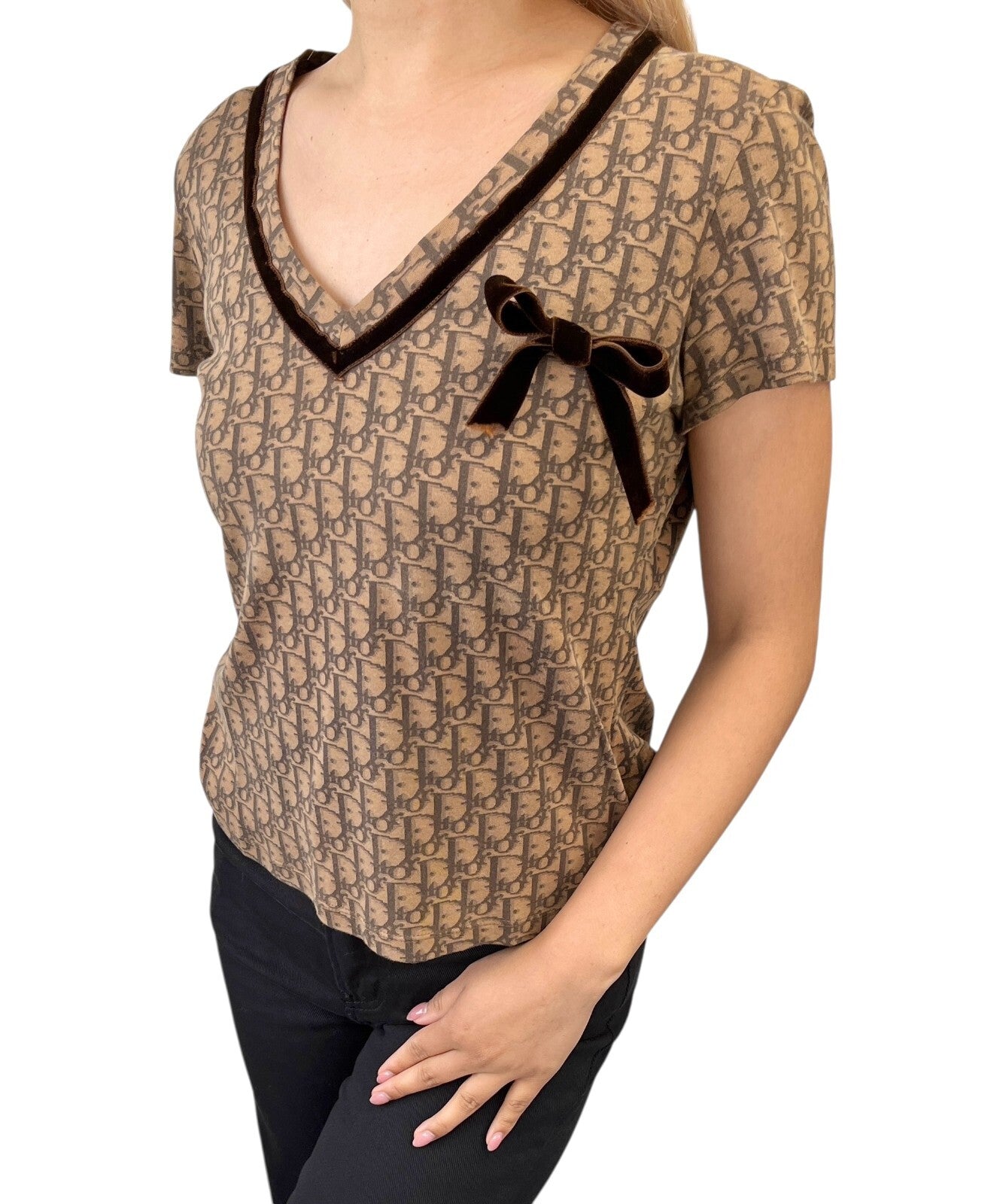 Christian Dior Vintage 2005 Trotter Monogram V-neck T-shirt #40 Top Brown Ribbon