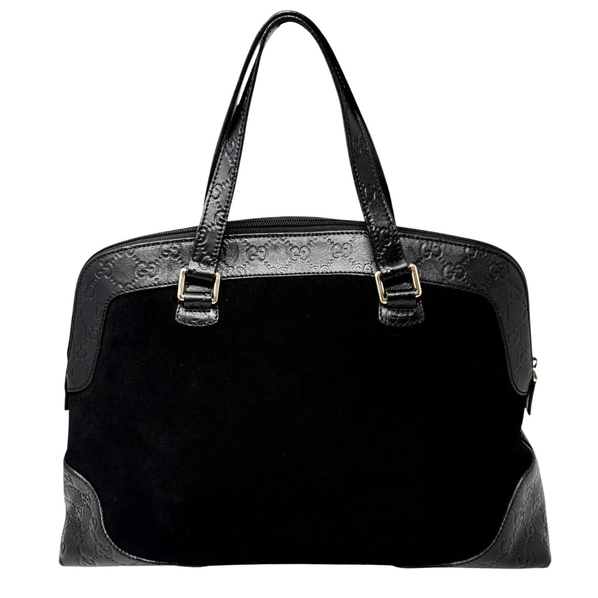 GUCCI Vintage GG Monogram Shoulder Top Handle Bag Black Gold Suede 902331