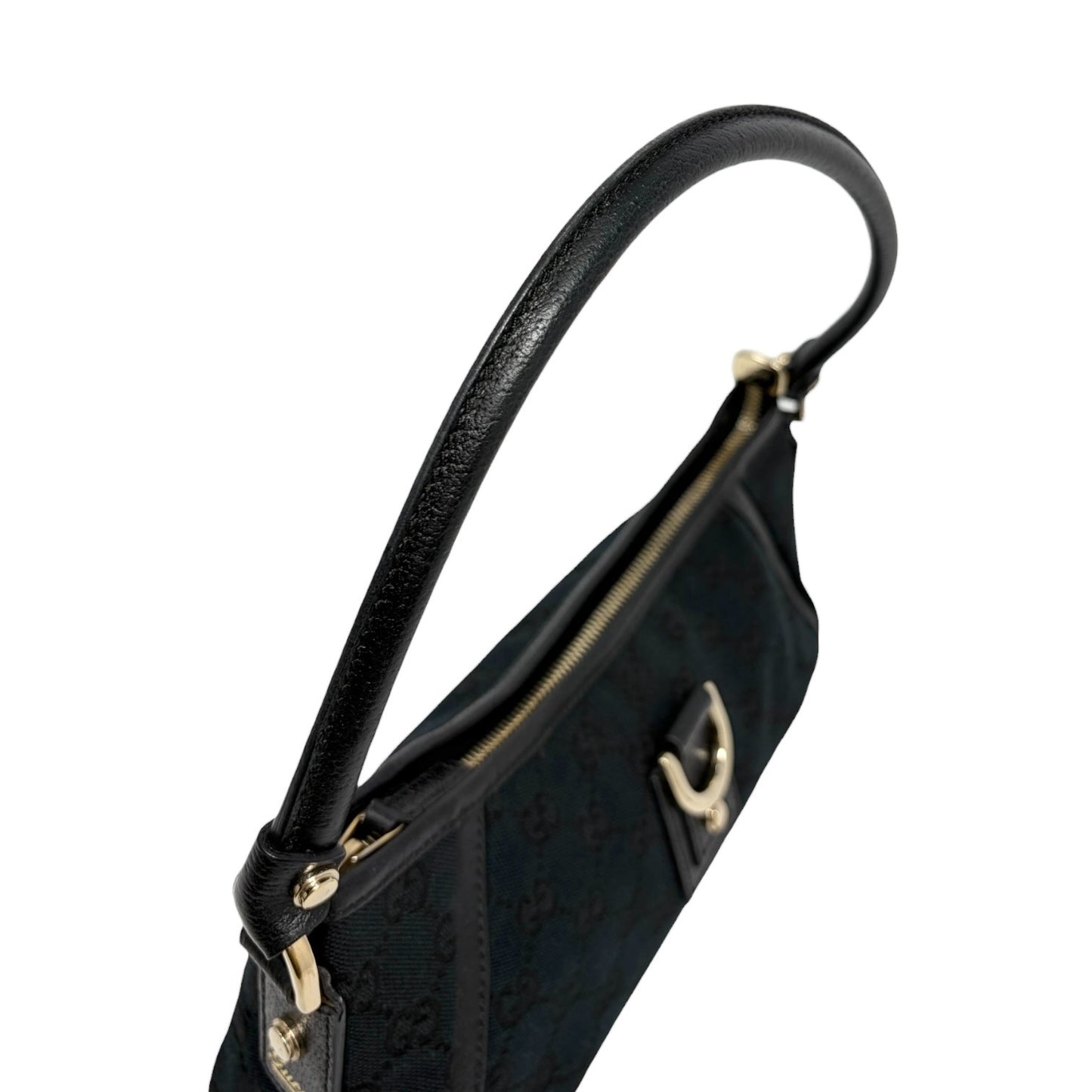 GUCCI Vintage GG Monogram Logo Abbey Shoulder Bag Zip Black Gold Canvas Leather