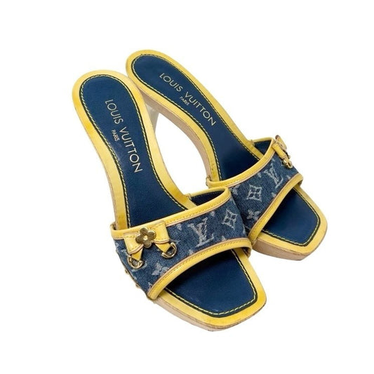 LOUIS VUITTON Vintage Logo Monogram Sandals Heels #36 Blue Yellow Leather