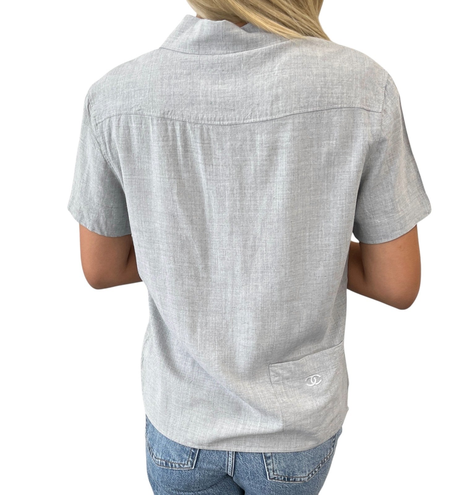 CHANEL Vintage 99P CC Logo Short Sleeve Shirt Blouse Pocket #38 Gray Rayon