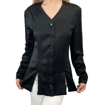 CHANEL Vintage 94A CC Logo Silk V-neck Shirt Blouse Top #38 Black Gold 902814