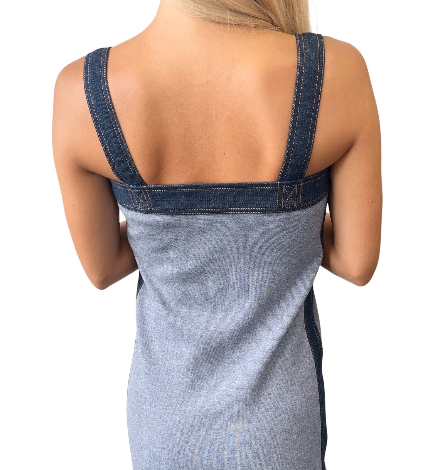 CHANEL Vintage 07P CC Mark Logo Sleeveless Dress #34 Denim Blue Cotton Silk