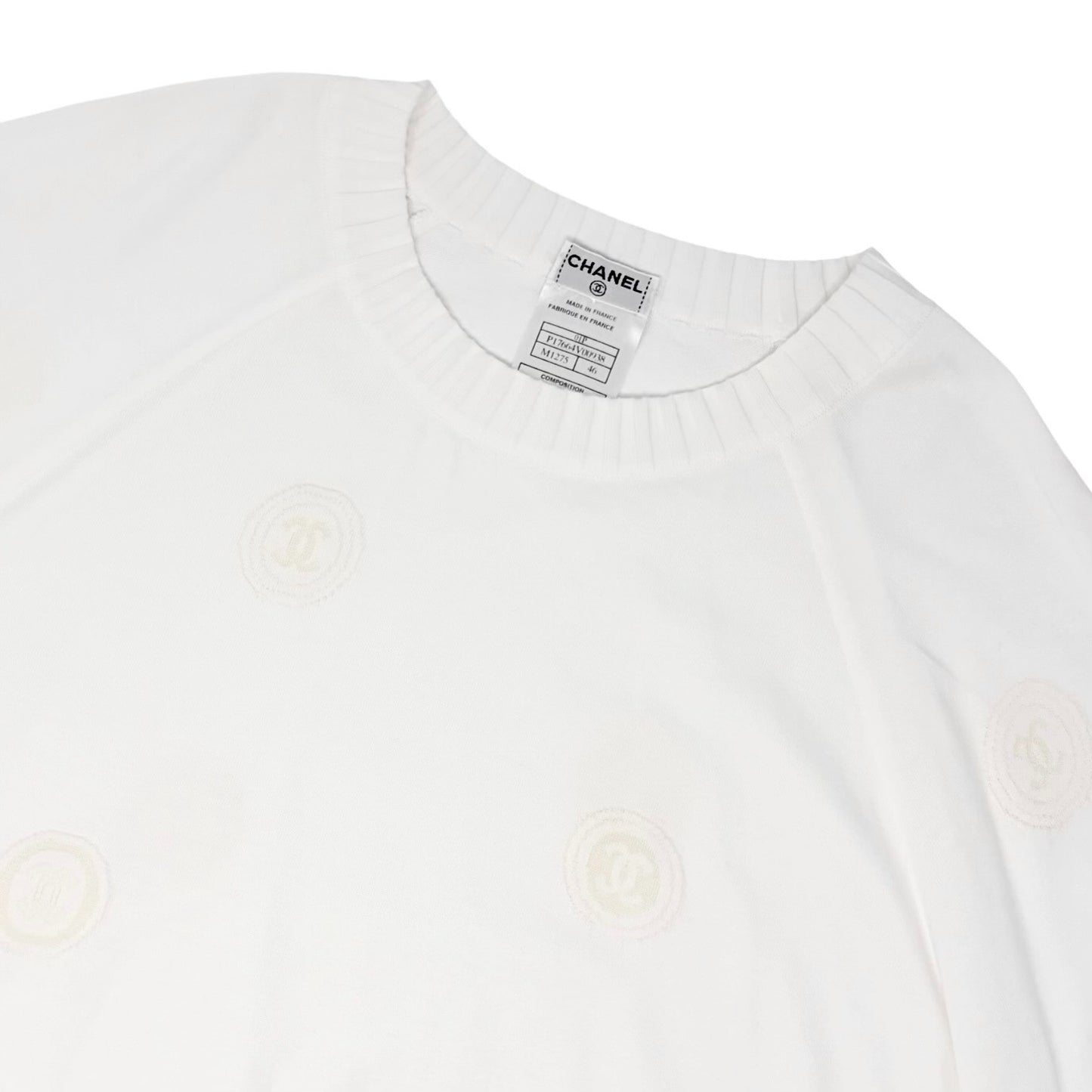 CHANEL Vintage 01P CC Logo Stamp Knit Sweater Top #46 White Pullover  902032