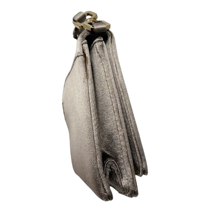 PRADA Vintage Logo Pochette Mini Hand Clutch Bag Satin Silver Gold 902499