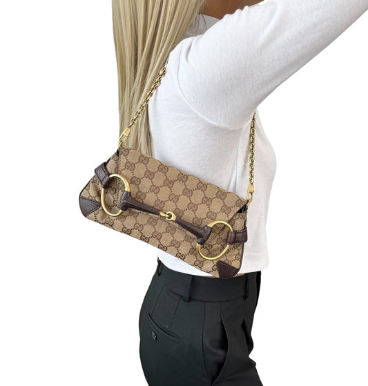 GUCCI Vintage GG Monogram Logo Horsebit Shoulder Bag Brown Gold Canvas 901880