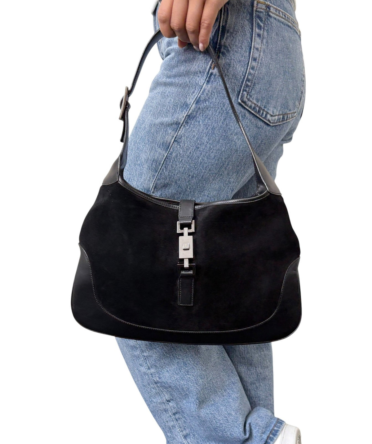GUCCI Vintage Logo Jackie Suede Shoulder Bag Black Silver Leather 902398