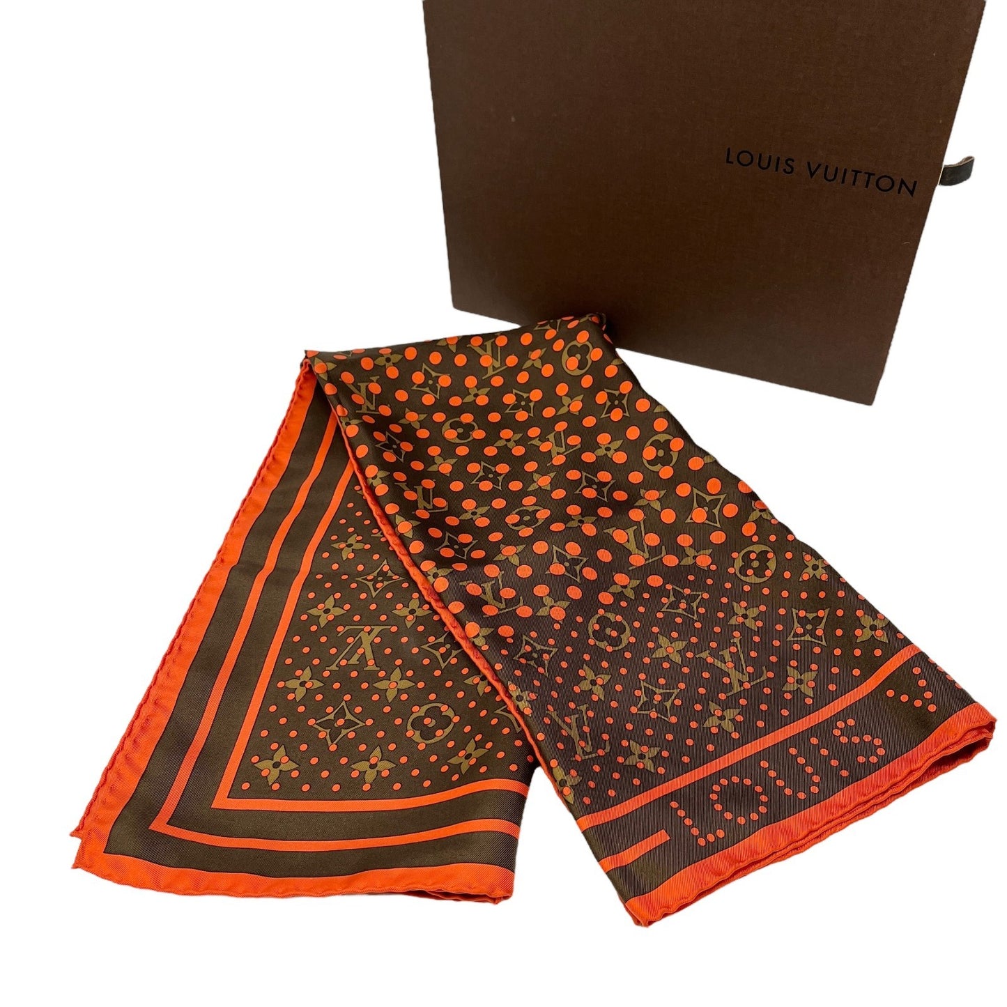 LOUIS VUITTON Vintage LV Logo Monogram Perfo Scarf Wrap Dot Brown Orange Silk