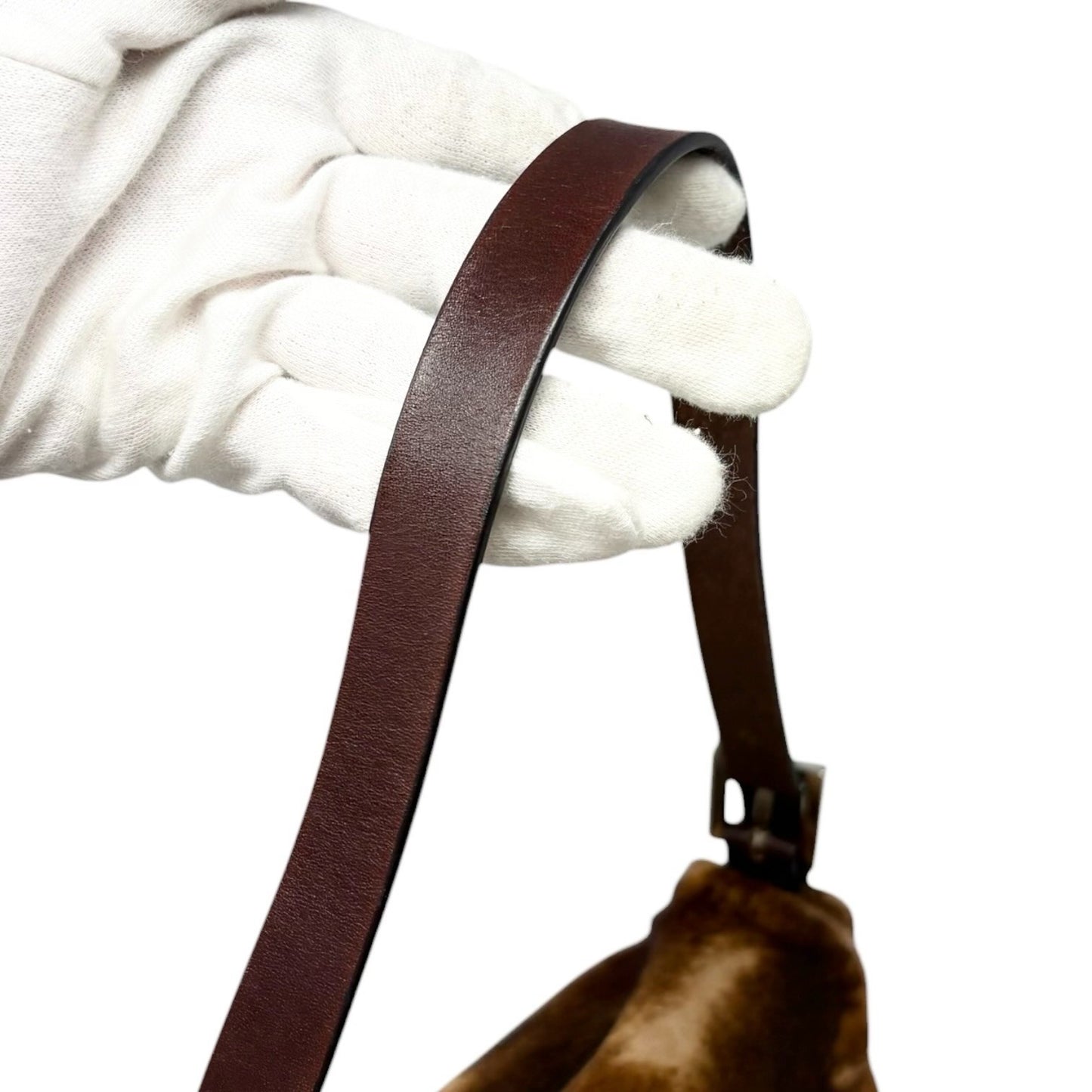 FENDI Vintage FF Logo Mamma Baguette Pony Calf Hair Shoulder Bag Brown Leather