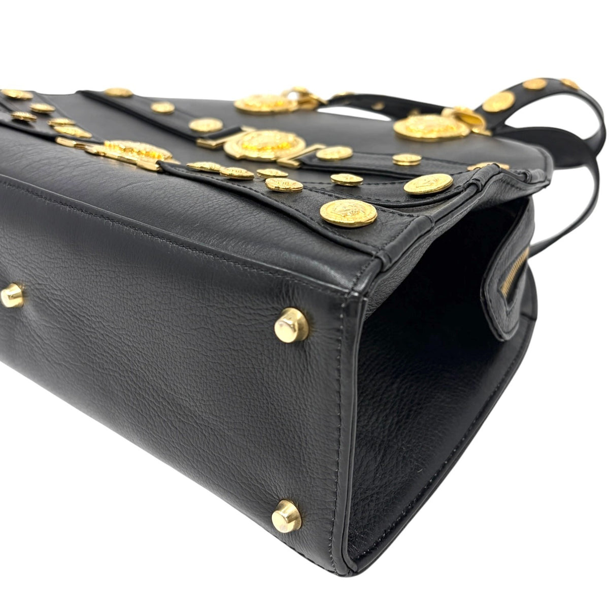 GIANNI VERSACE Vintage Medusa Logo Top Handle Bag Black Gold Leather Zip 902957