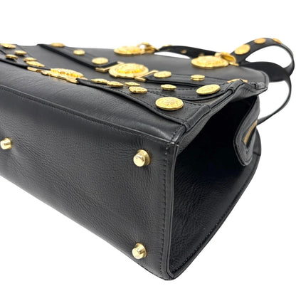 GIANNI VERSACE Vintage Medusa Logo Top Handle Bag Black Gold Leather Zip 902957