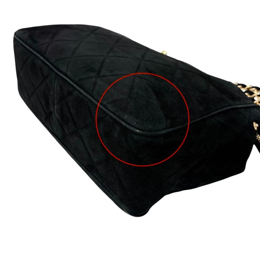 CHANEL Vintage CC Logo Quilted Chain Shoulder Bag Black Gold Suede 901890