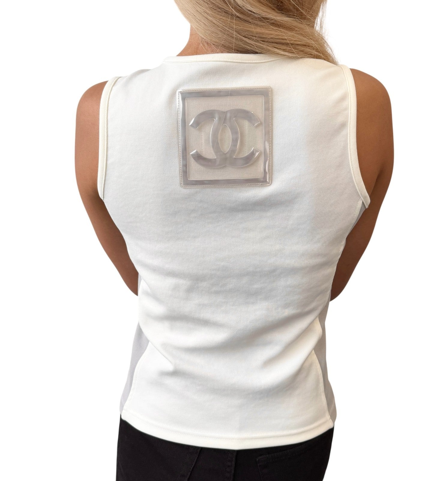 CHANEL Sport Vintage 01P CC Big Logo Tank Top #38 White Gray Nylon Sleeveless