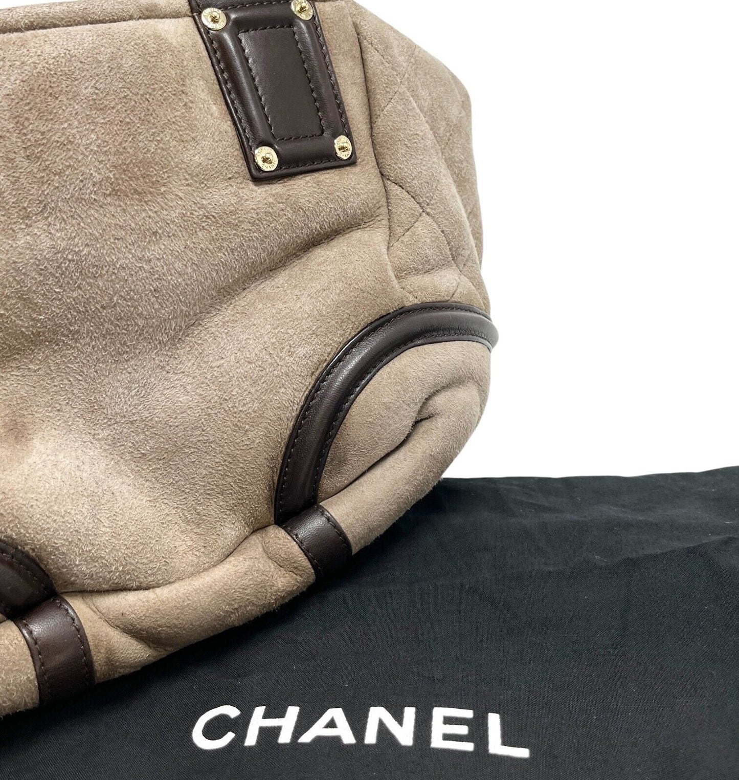 CHANEL Vintage CC Logo Tote Bag Matelasse Snap Button Brown Gold Suede Leather