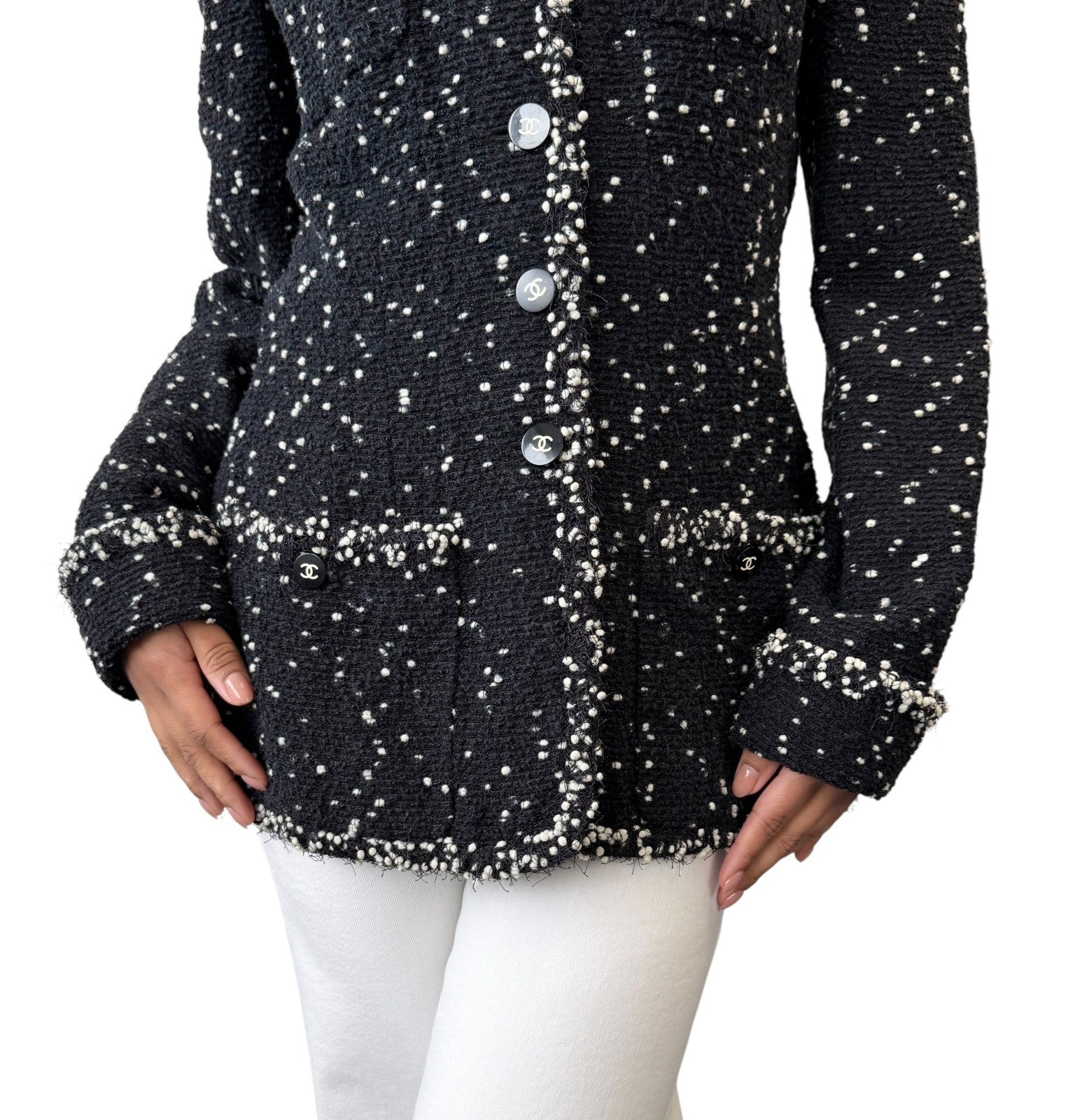 CHANEL Vintage 95A CC Logo Tweed Jacket Blazer #40 Black Wool Long Sleeve