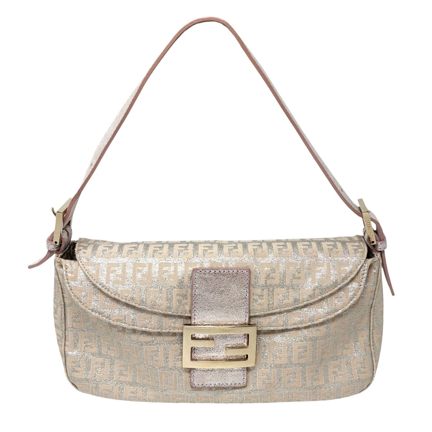 FENDI Vintage FF Logo Zucchino Mamma Baguette Glitter Shoulder Bag Pink 902262