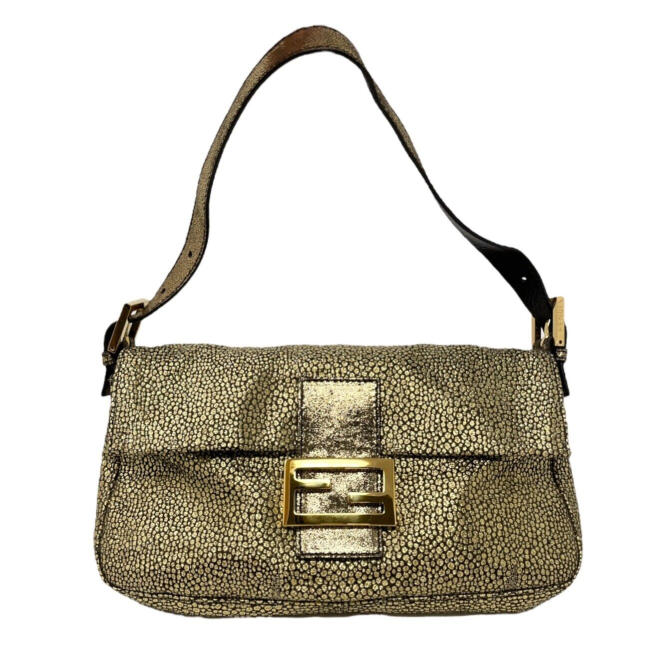 FENDI Vintage Mamma Baguette Shoulder Bag Gold Brown Leather Rank AB+