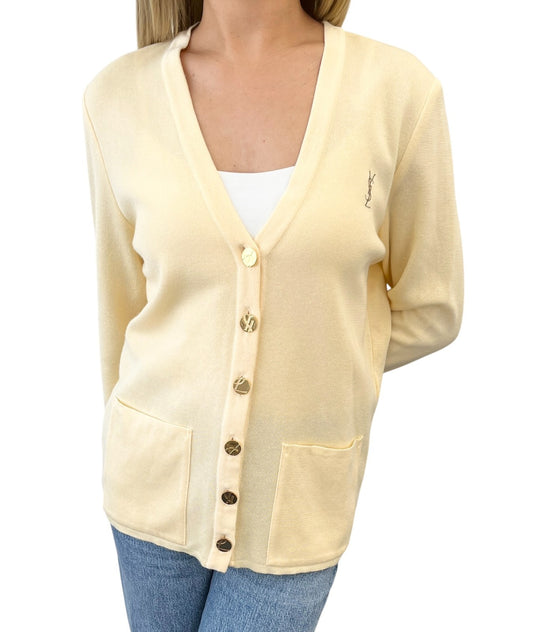 Yves Saint Laurent Vintage YSL Logo Cardigan Sweater Top #M Cream Gold 902402