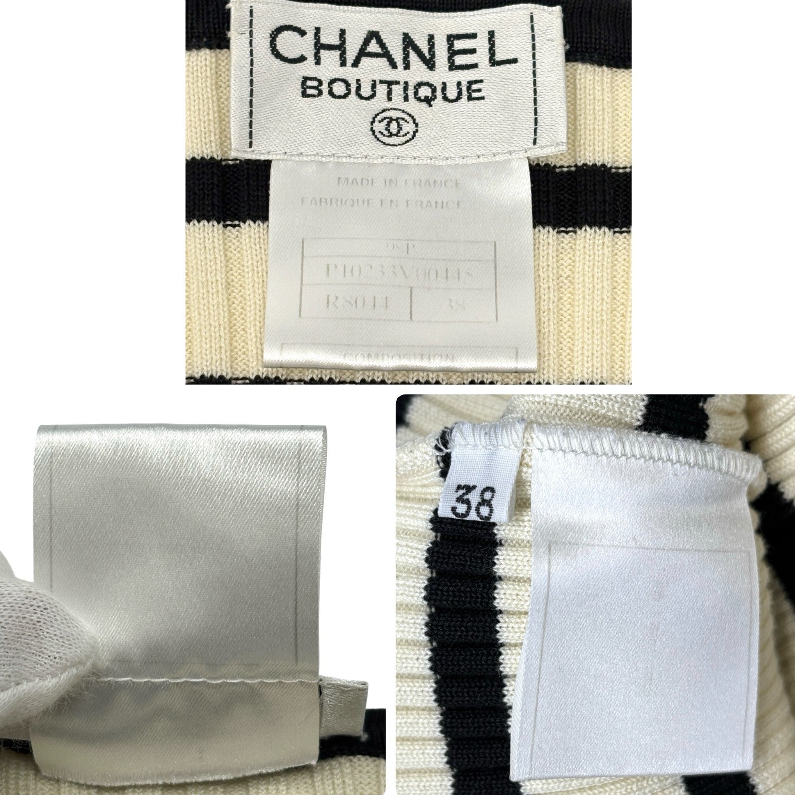 CHANEL Vintage 98P CC Mark Logo Striped Knit Tank Top #38 Cream Black Cotton