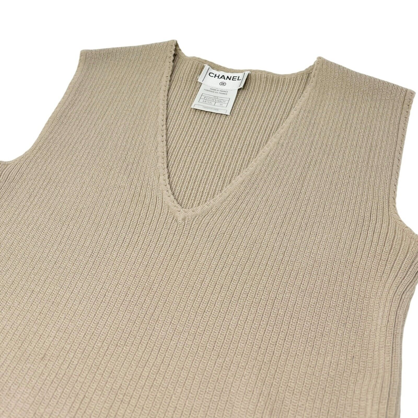 CHANEL Vintage 99A CC Logo Rib Tank Top #38 Dark Beige Silver Wool Rank AB