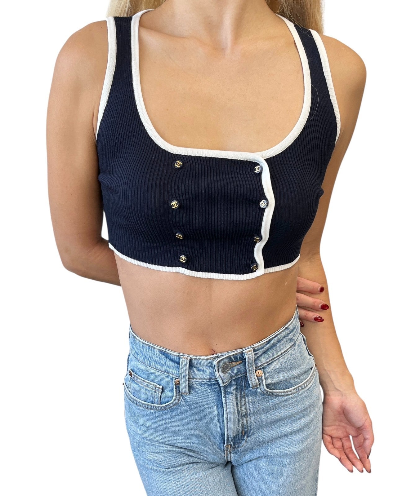 CHANEL Vintage 95P CC Button Ribbed Knit Cropped Tank Top #34 Dark Blue