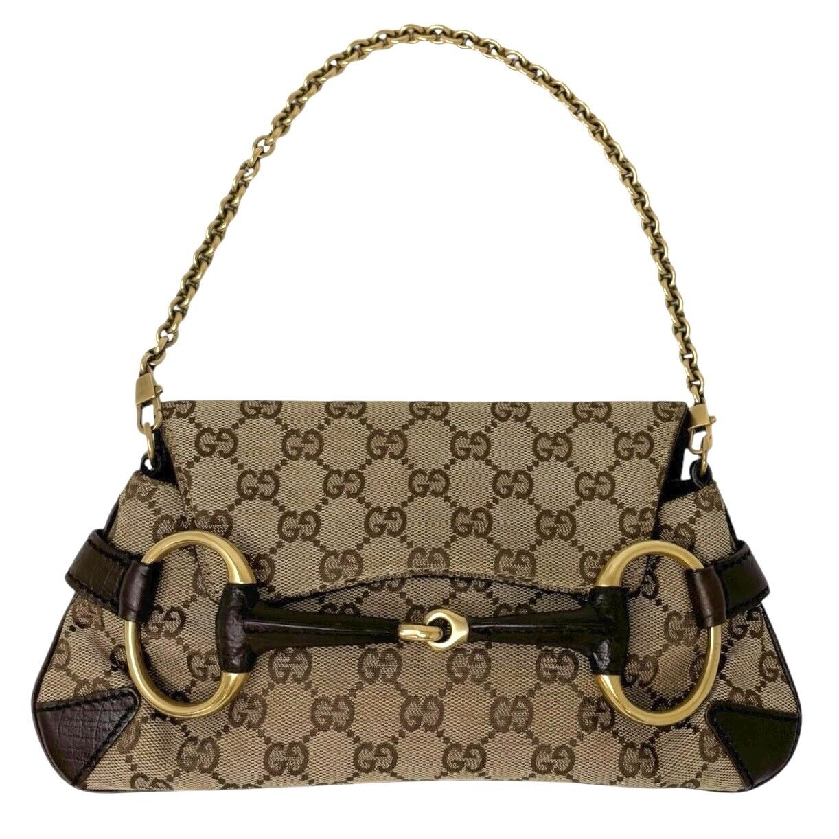 GUCCI Vintage GG Monogram Logo Horsebit Shoulder Bag Brown Gold Canvas Rank B