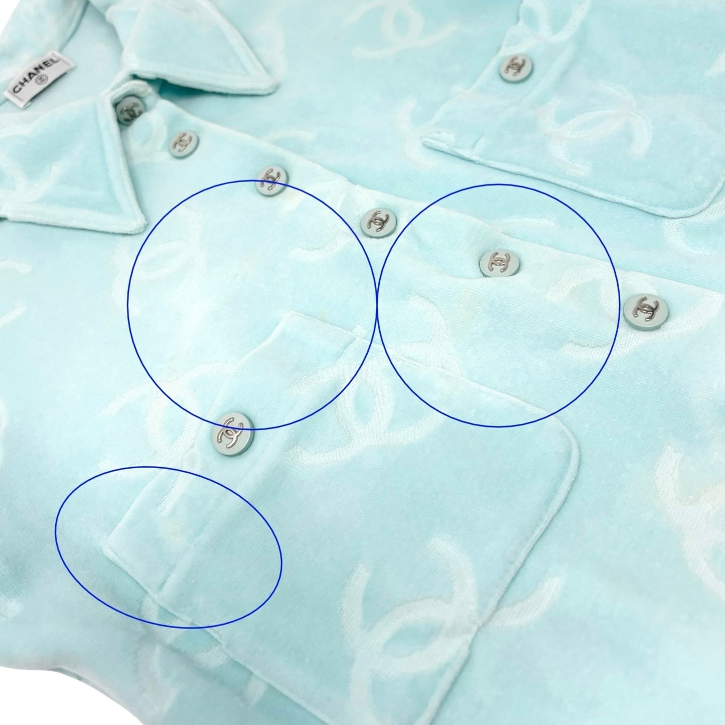 CHANEL Vintage 96A CC Logo Snap Button Velour Shirt Top #38 Light Blue