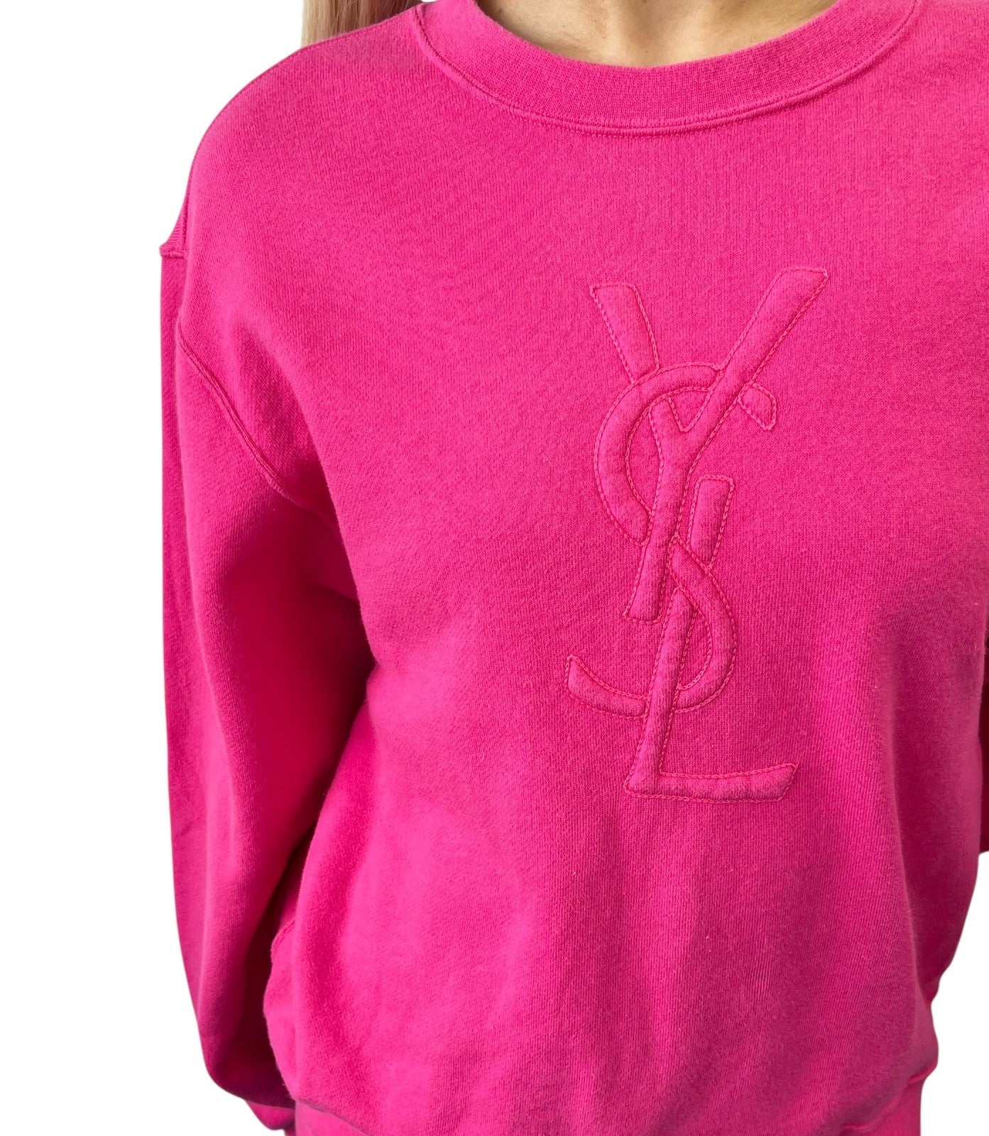 Yves Saint Laurent Vintage Embroidered YSL Logo Sweatshirt Top #M Pink