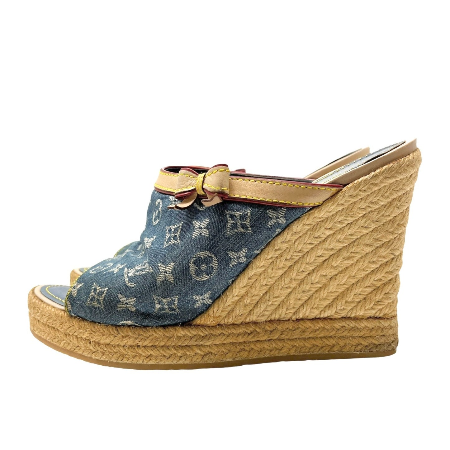 LOUIS VUITTON Vintage Monogram Denim Wedge Sole Sandals #38 Ribbon Blue Beige