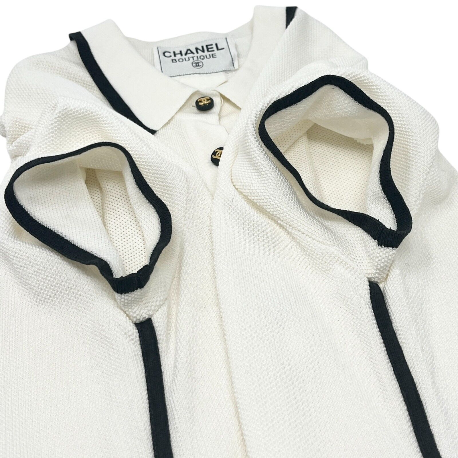 CHANEL Vintage 96C CC Logo Button Up Dress #38 Polo White Black Gold Cotton