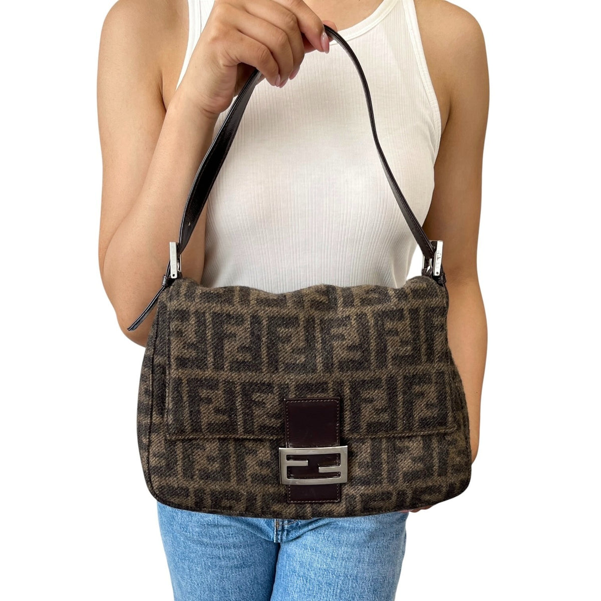 FENDI Vintage FF Zucca Cashmere Knit Mamma Baguette Shoulder Bag Brown 902052