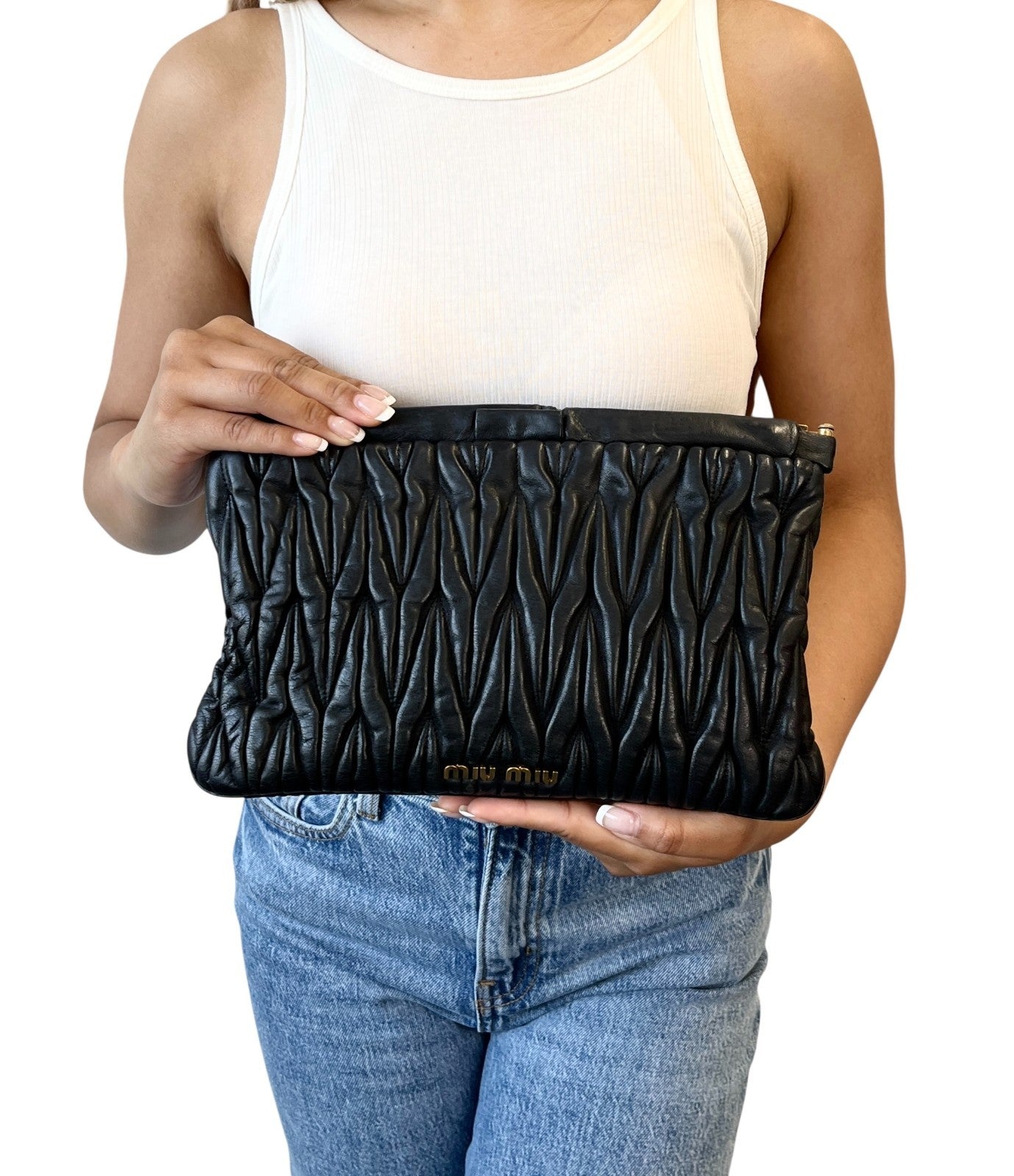 Miu Miu Vintage Logo Gather Clutch Bag Handbag Matelasse Gold Black Leather