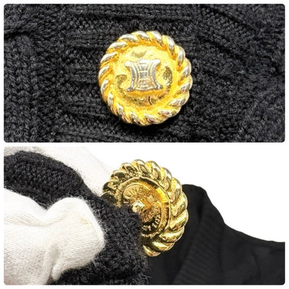 CELINE Vintage Logo Cable Knit Cardigan Top Button Black Gold 902914