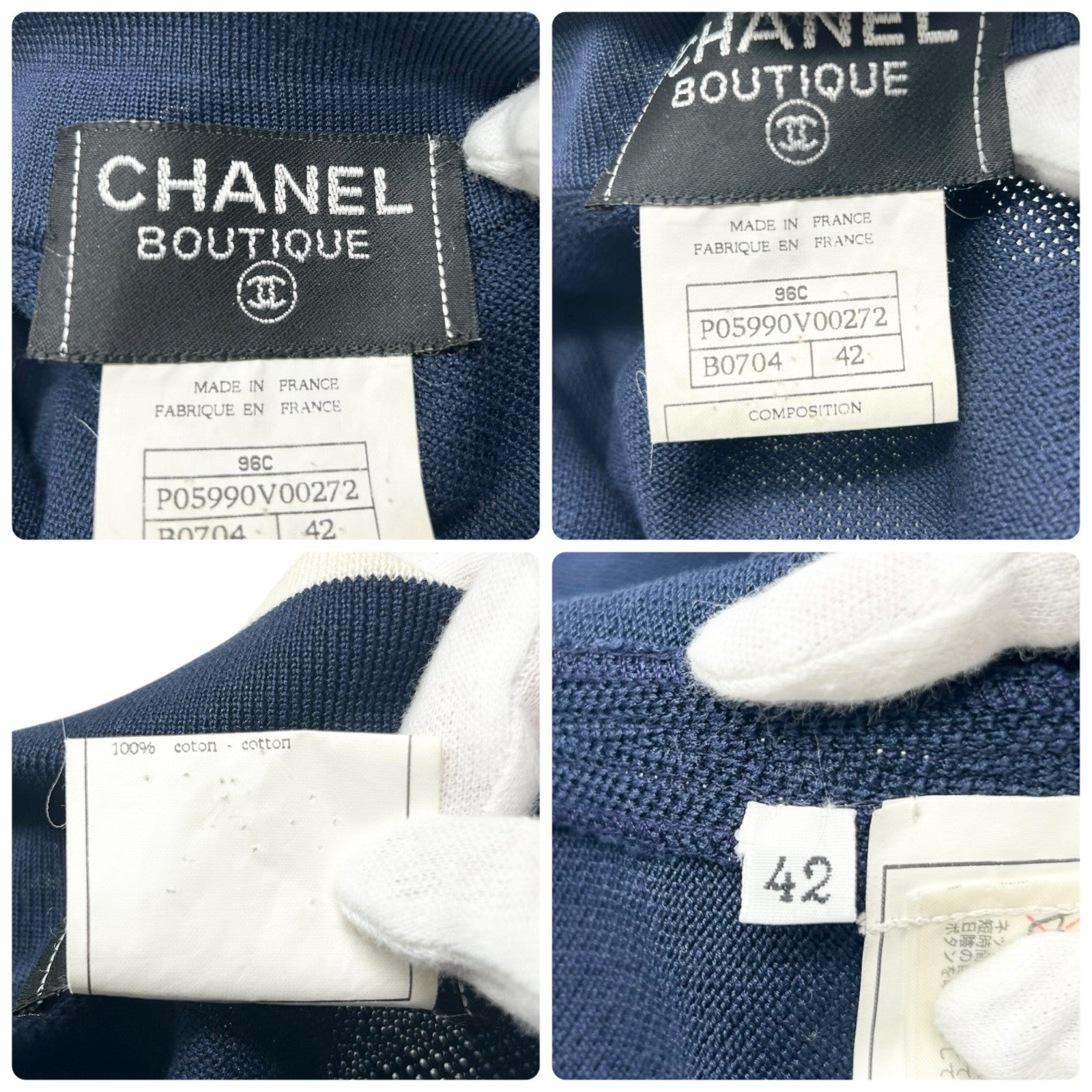 CHANEL Vintage 96C CC Logo Polo Dress One-Piece Button #42 Navy White Cotton