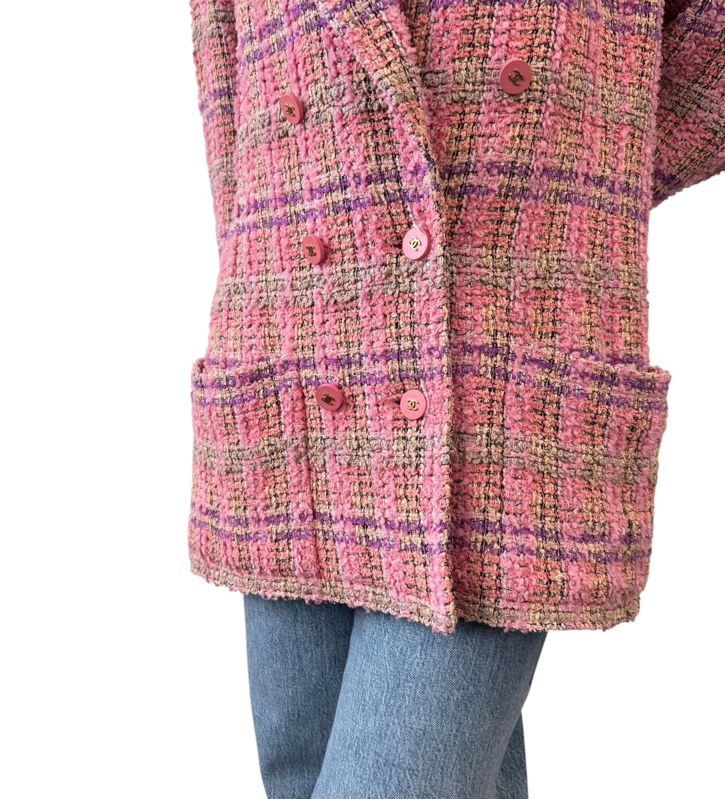 CHANEL Vintage 94A CC Logo Button Tweed Blazer Jacket Pink Multicolor Wool