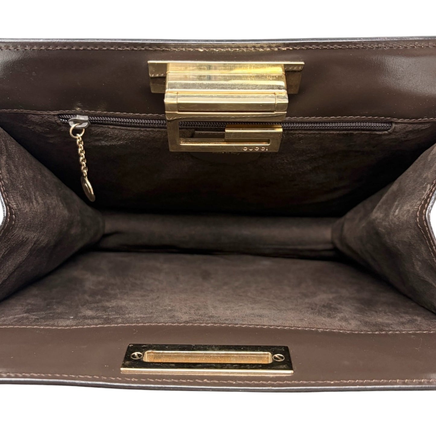 GUCCI Vintage G Square Logo Shoulder Bag Brown Gold Suede Leather 902021