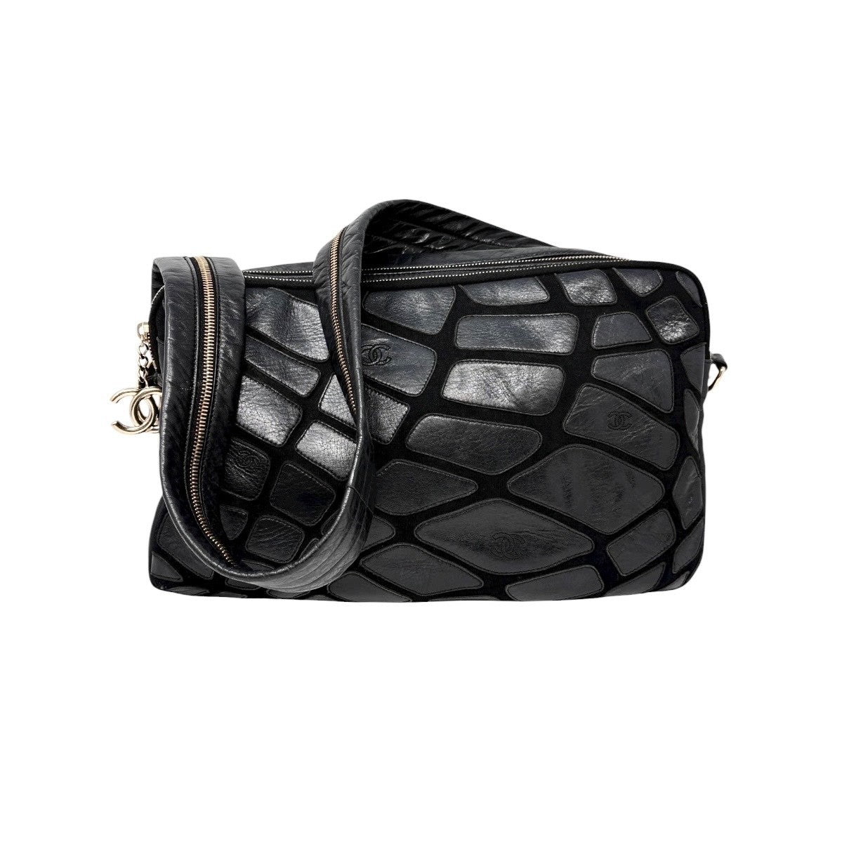 CHANEL Vintage CC Logo Crossbody Bag Lambskin Jersey Scales Leather Black Gold